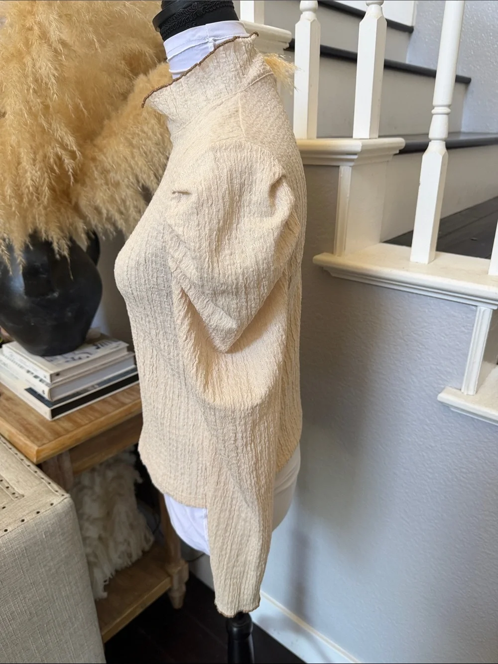 FREE PEOPLE Ela Mock Neck Puff Sleeve Blouse Beige Size Small